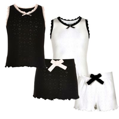 Girls black and white pointelle pyjama set
